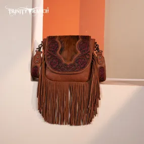 TR187-8360  Trinity Ranch Genuine Hair-On Cowhide Tooled Fringe  Crossbody Bag-Brown