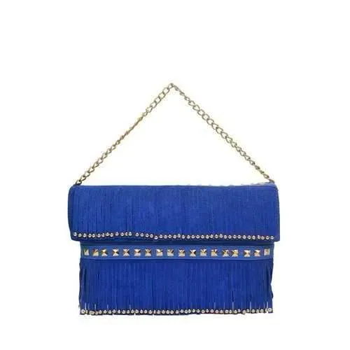 Trendy Rivet and Fringe Design Women's Shoulder Bag - Blue