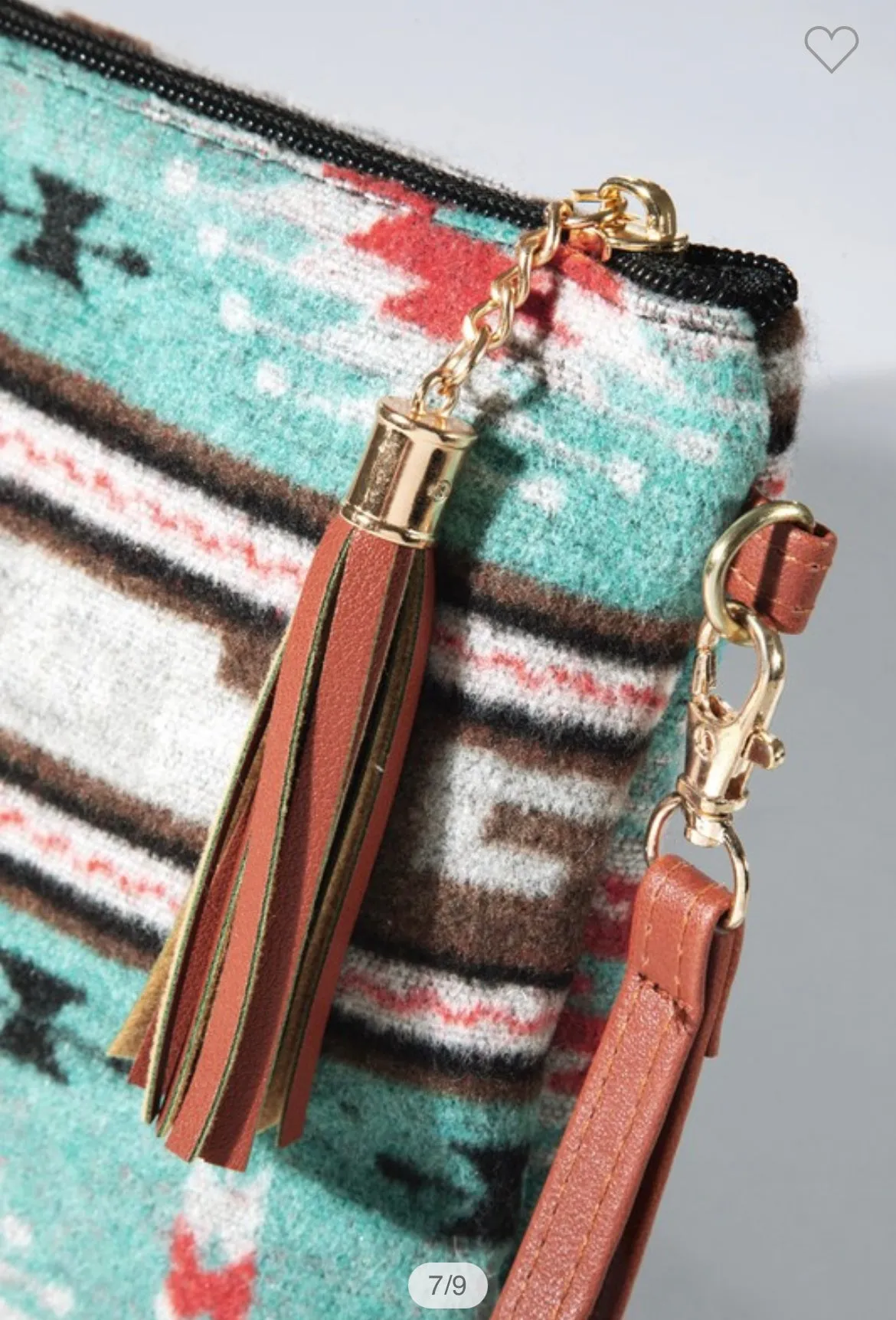 Turquoise western ethnic print with a detachable wristlet strap and tassel crossbody