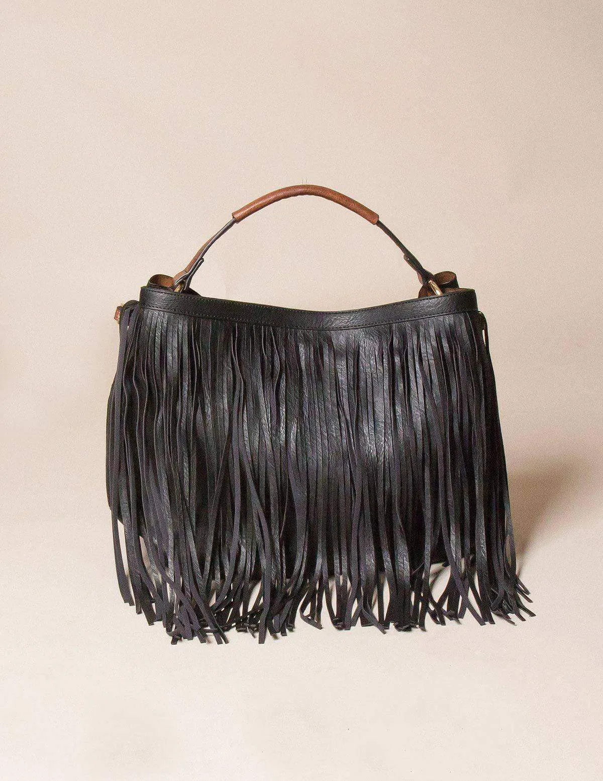 Vegan Leather 2-in-1 Fringe Tote - Black