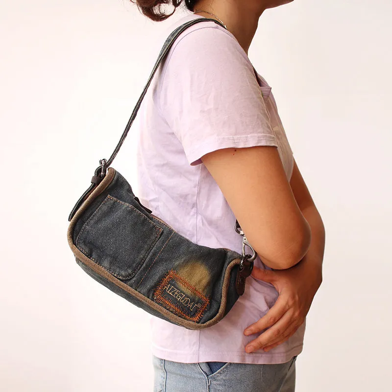 Vintage Womens Black Denim Baguette Bag Black Denim Shoulder Purse for Women