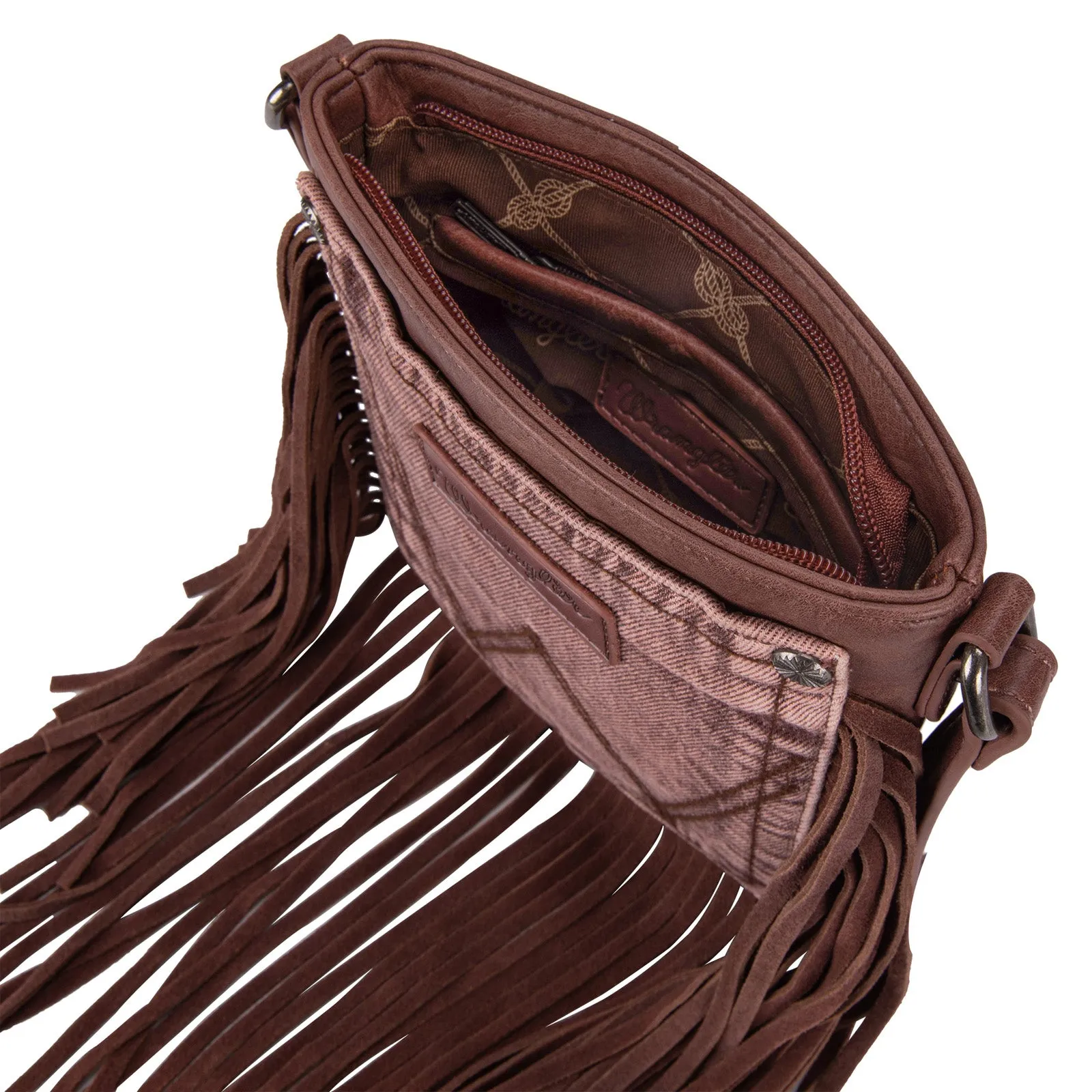 WG44-8360  Wrangler Leather Fringe Jean Denim Pocket Crossbody - Light Coffee