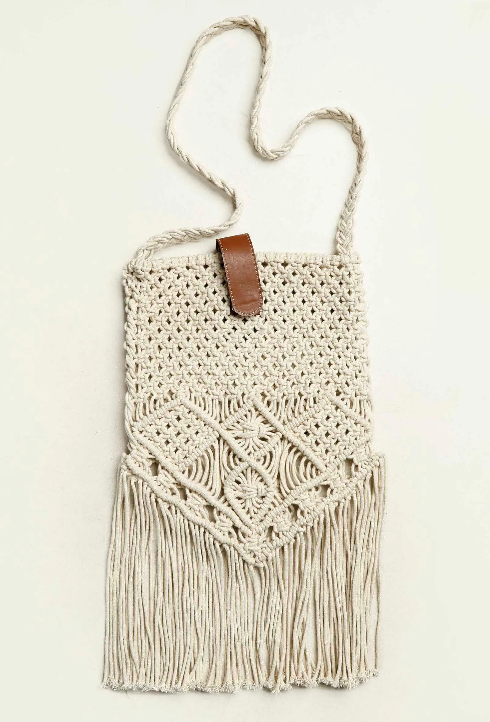 White Macrame Fringed Sling Bag With Cruelty Free Leather Pouch