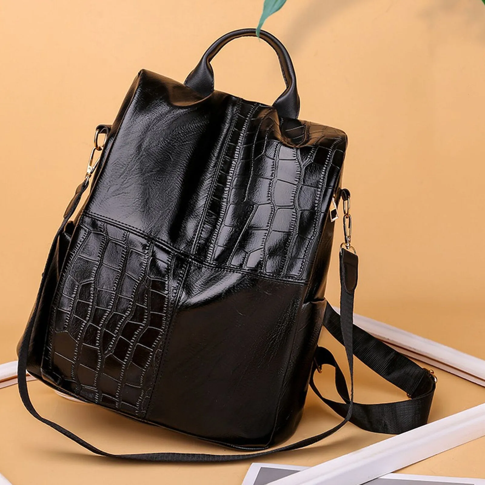 Women Artificial Leather Vintage Crocodile Embossing Backpack Convertible Strap Large Capacity Crossbody Bag