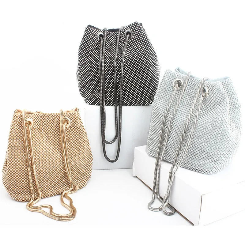 Women's Rhinestone Mesh Bucket Hand Bag