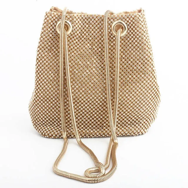 Women's Rhinestone Mesh Bucket Hand Bag